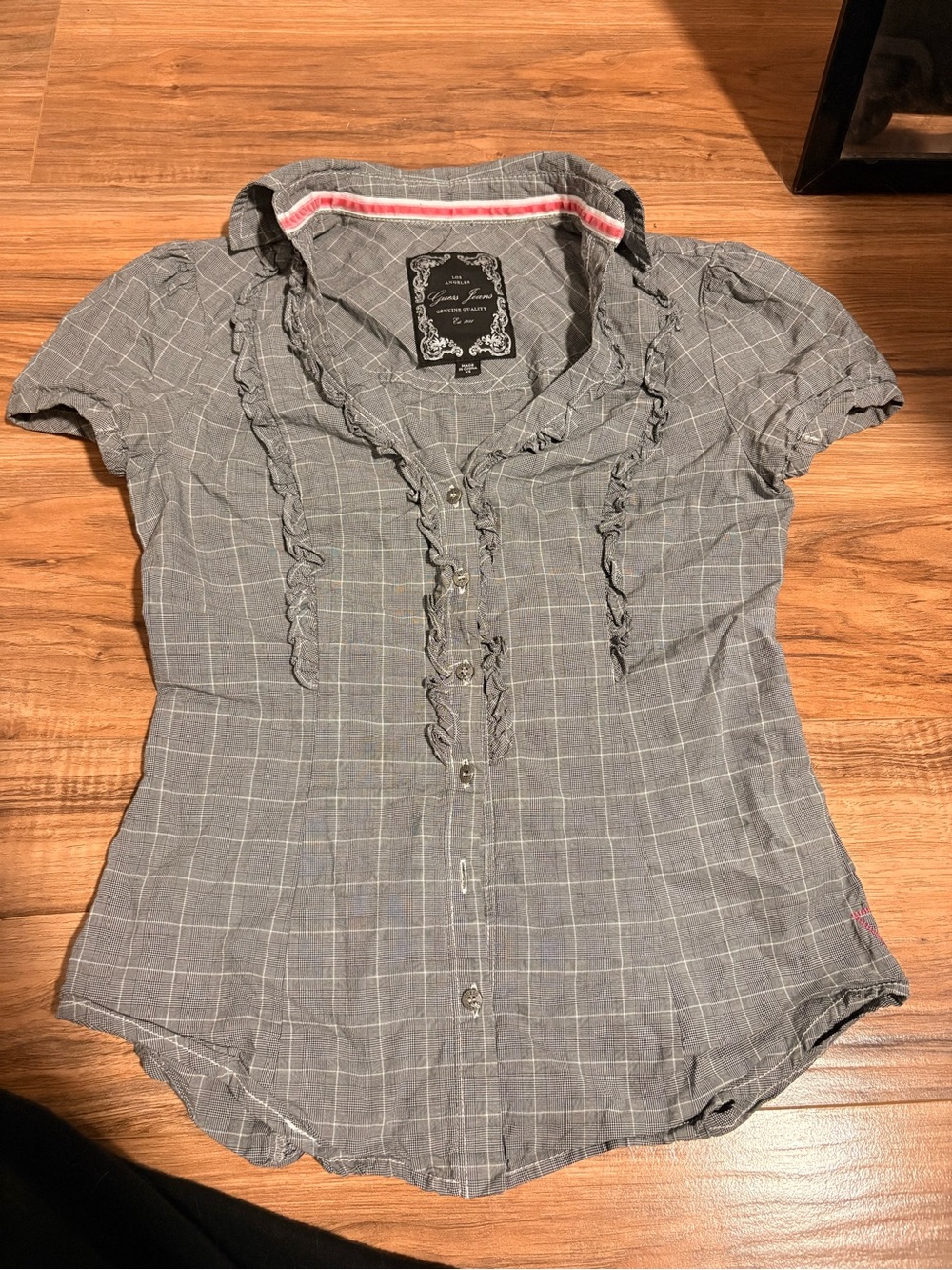 Vintage Guess Gray Plaid Ruffle Button-Down Shirt